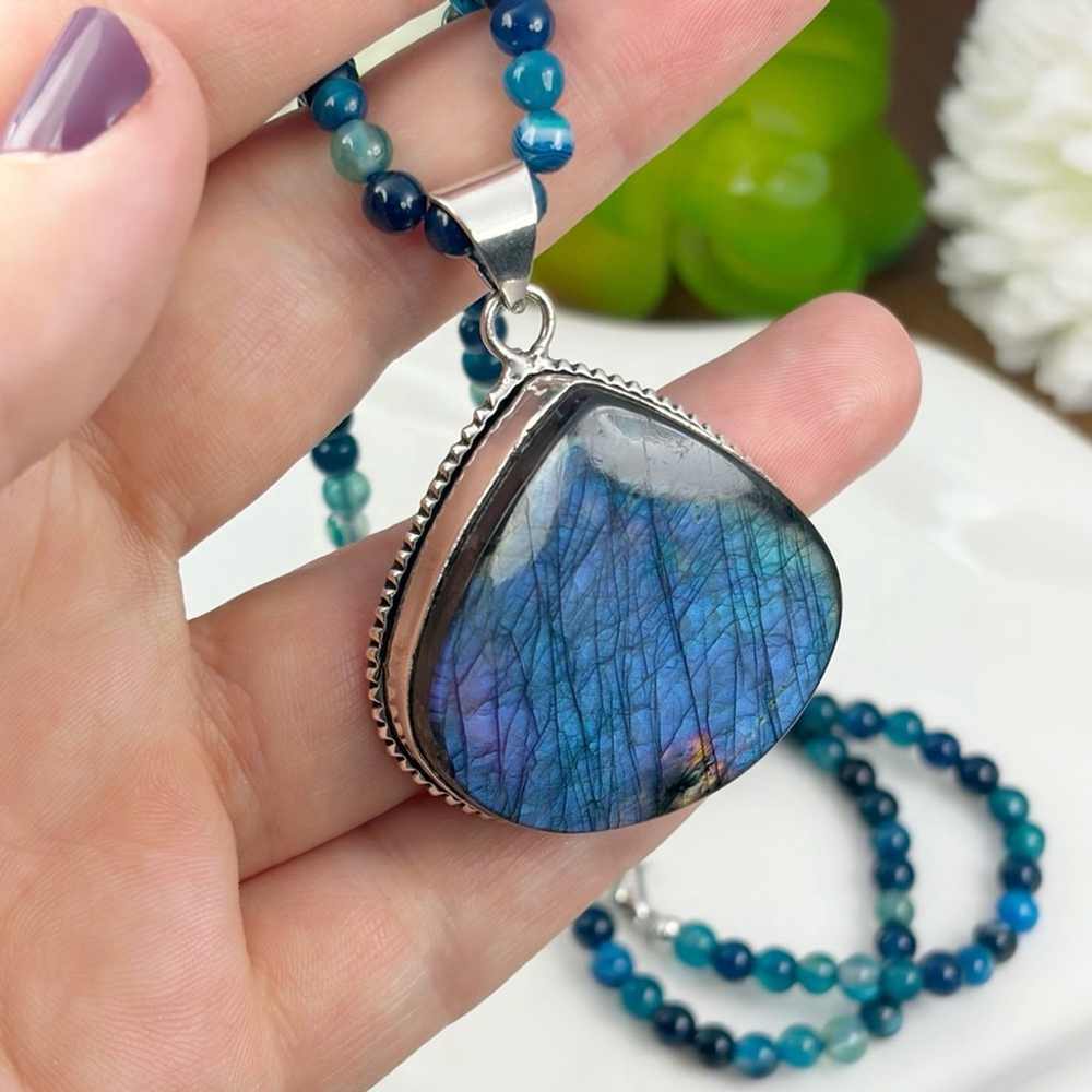 Purple Labradorite Pendant Necklace Southwest Boho 925 Sterling Silver Overlay